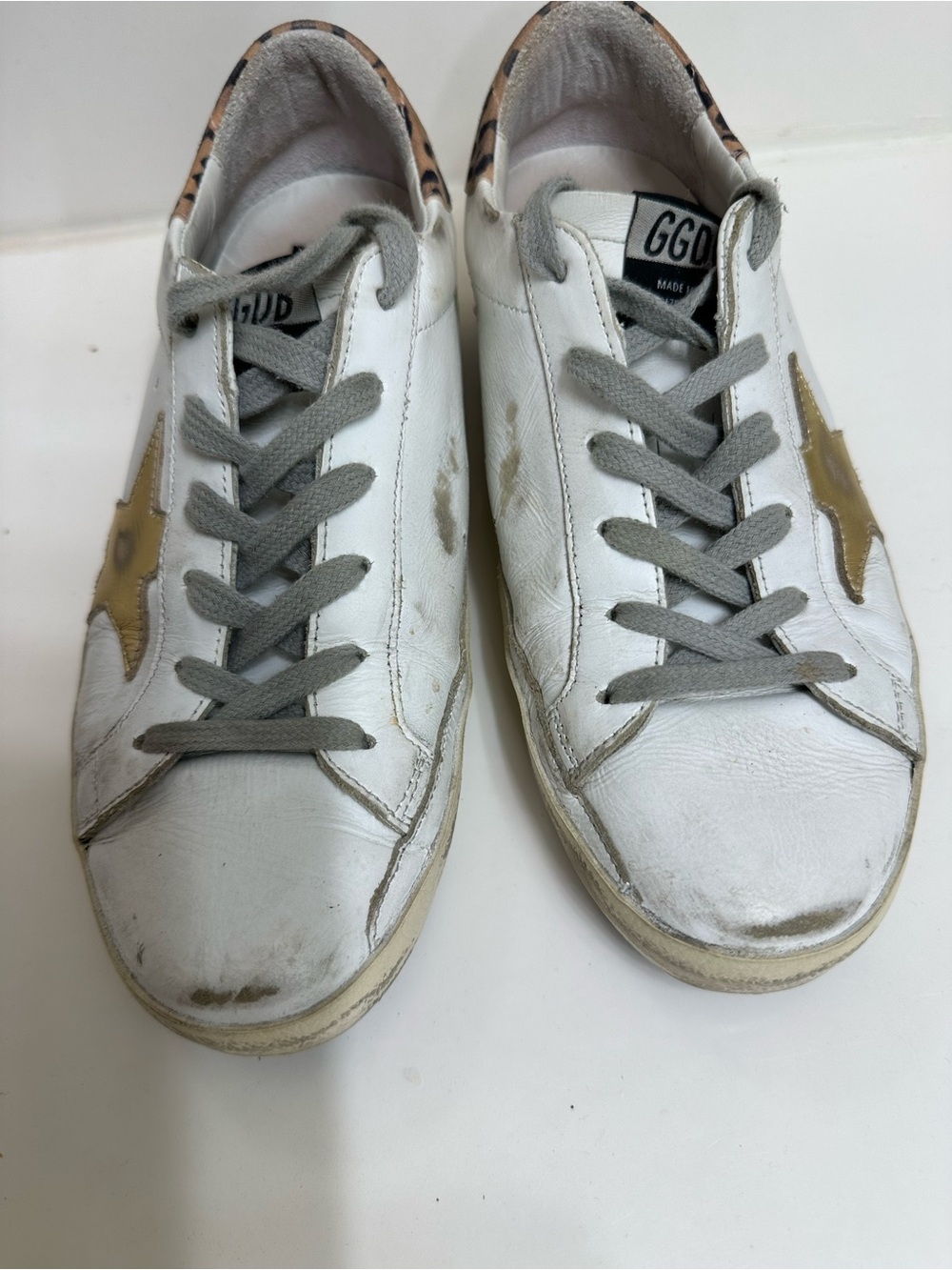 Golden Goose White Leather Low-Top Sneakers with Gold Star and Gray Laces